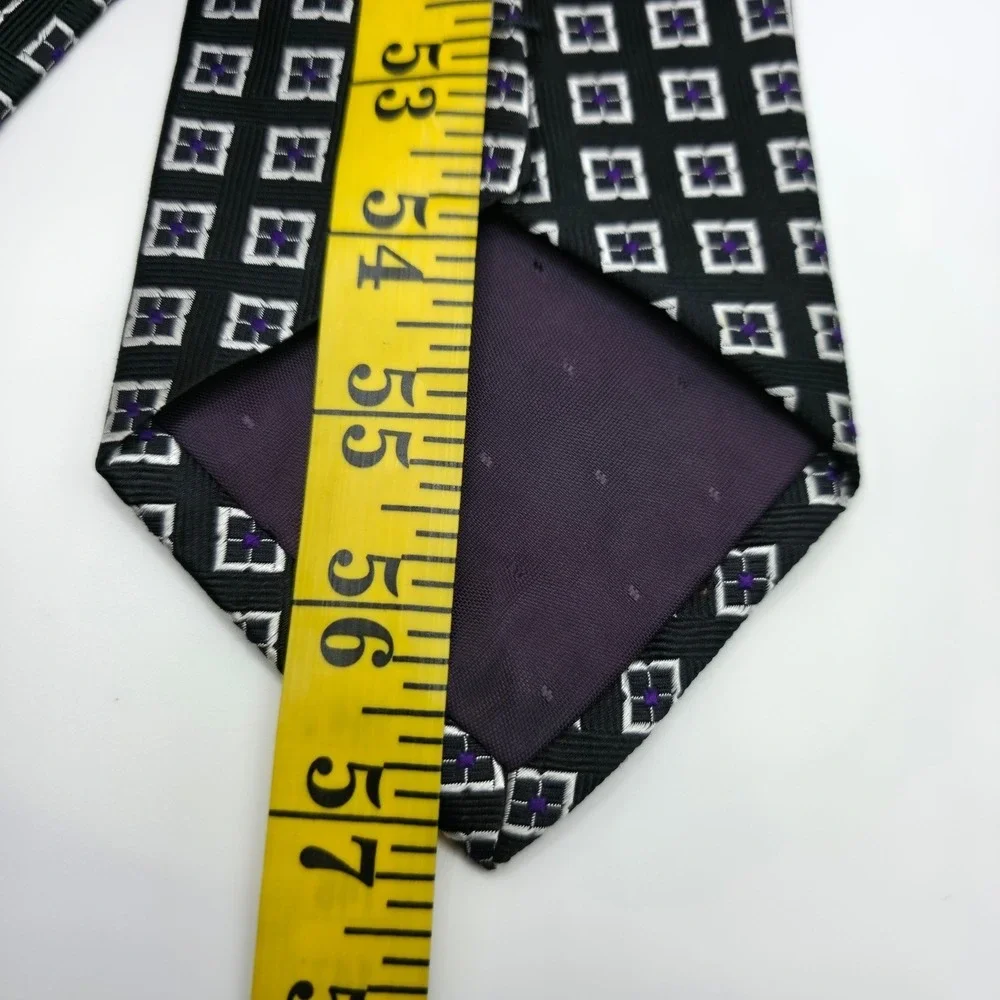 Paul Fredrick Italian Silk Necktie Black Silver Purple Geometric Pattern‎ 57x4
